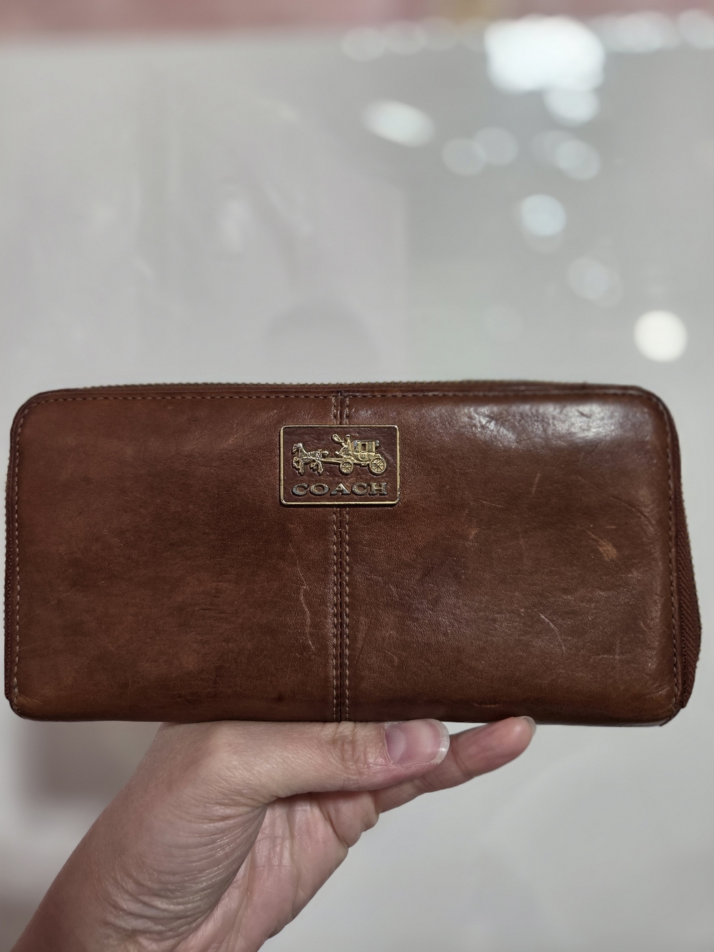 Coach Brown Leather Zip Wallet with Gold Coach Plaque